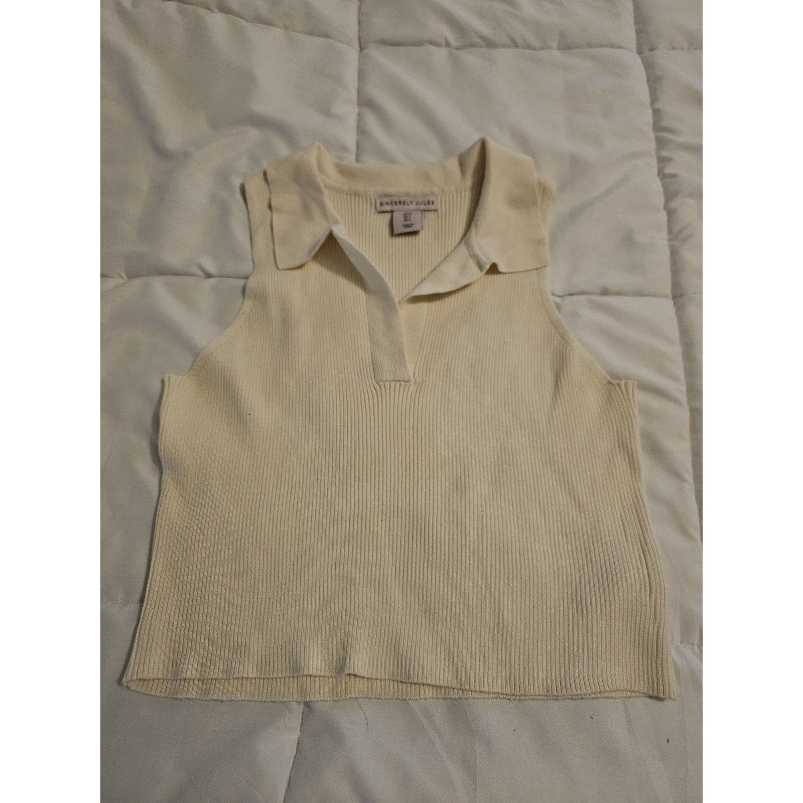 Sincerely Jules Womens Large Cream Ribbed Sleeveless Collared Knit Top